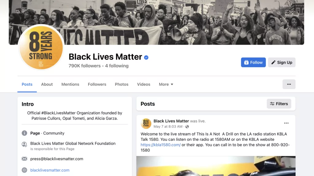 screenshot of Black Lives Matter facebook page