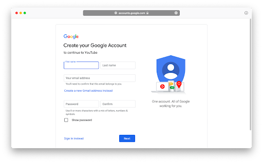 The Google account creation page