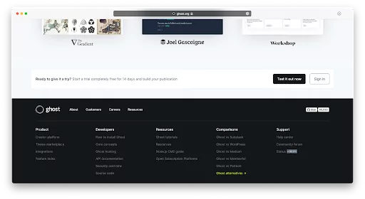 Screenshot of Ghost website